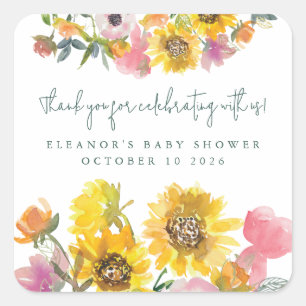 Sunflower Yellow Watercolor Floral Baby Shower  Square Sticker