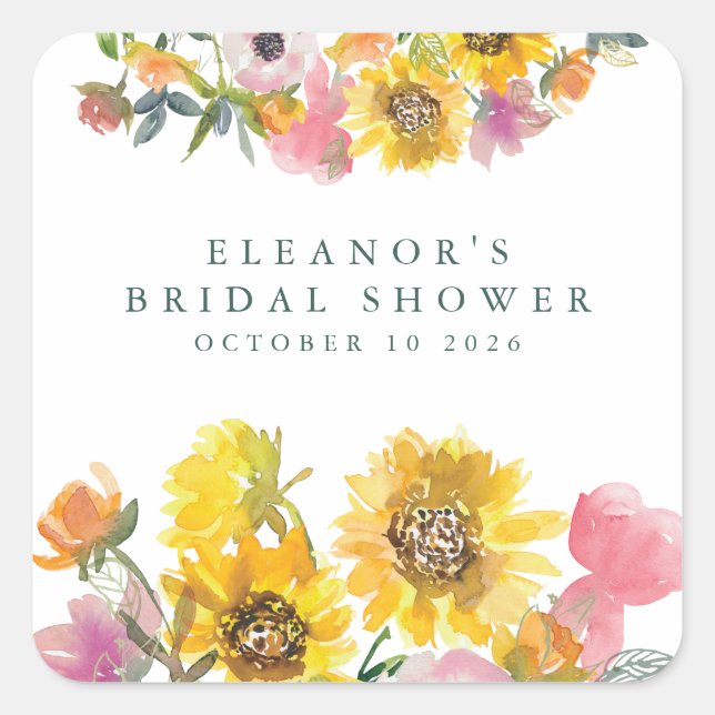 Sunflower Yellow Watercolor Floral Bridal Shower  Square Sticker (Front)