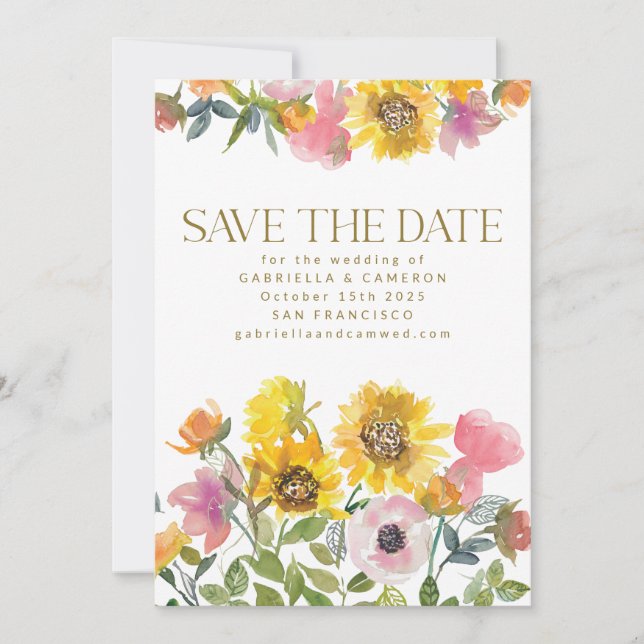 Sunflower Yellow Watercolor Floral Wedding Save The Date (Front)