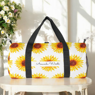 Sunflower Yellow White Floral Duffle Bag