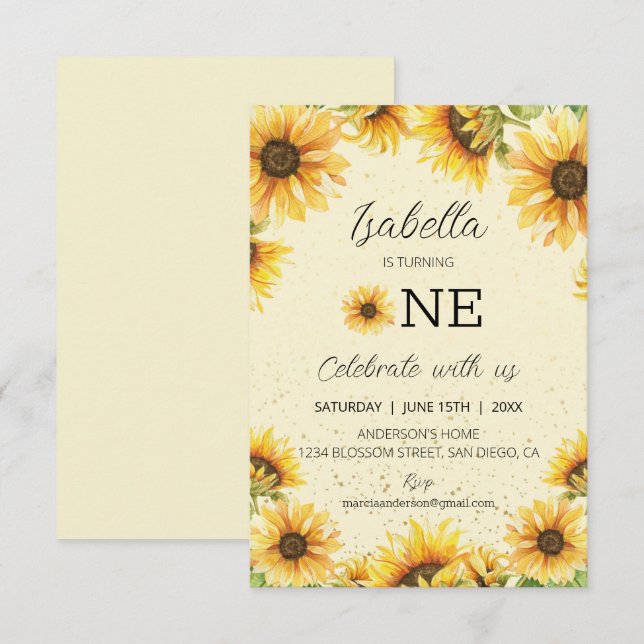 Sunflowers 1st Birthday Invitation (Front/Back)