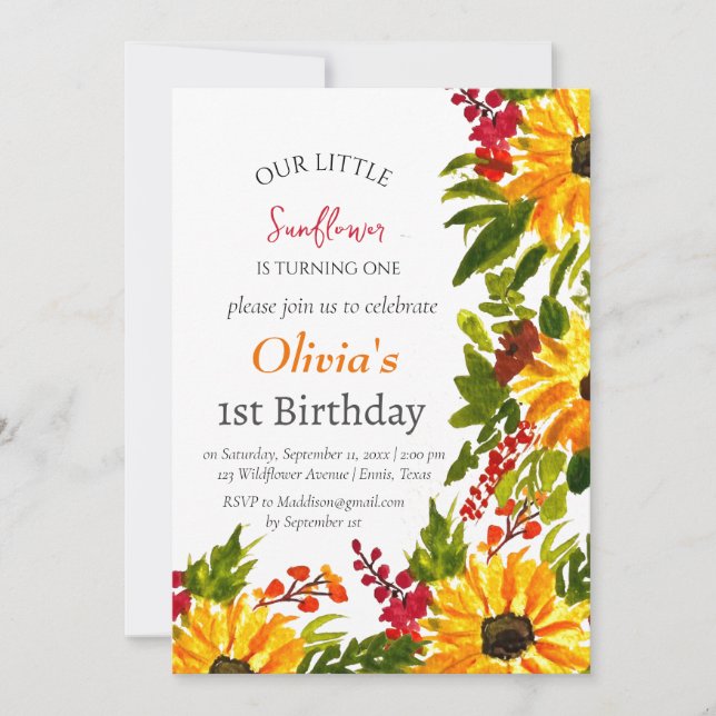 Sunflowers 1st First Birthday Girl Country Floral  Invitation (Front)