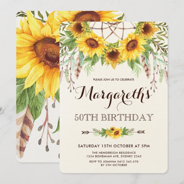 Sunflowers 50th Birthday Party Boho Feathers Invitation (Front/Back)