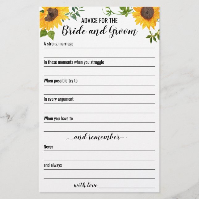 Sunflowers advice for the bride and groom Card (Front)