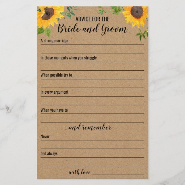 Sunflowers Advice For The Bride And Groom Card (Front)