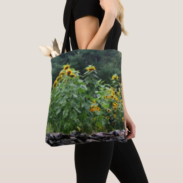 Sunflowers Along Stone Wall  Tote Bag (Close Up)
