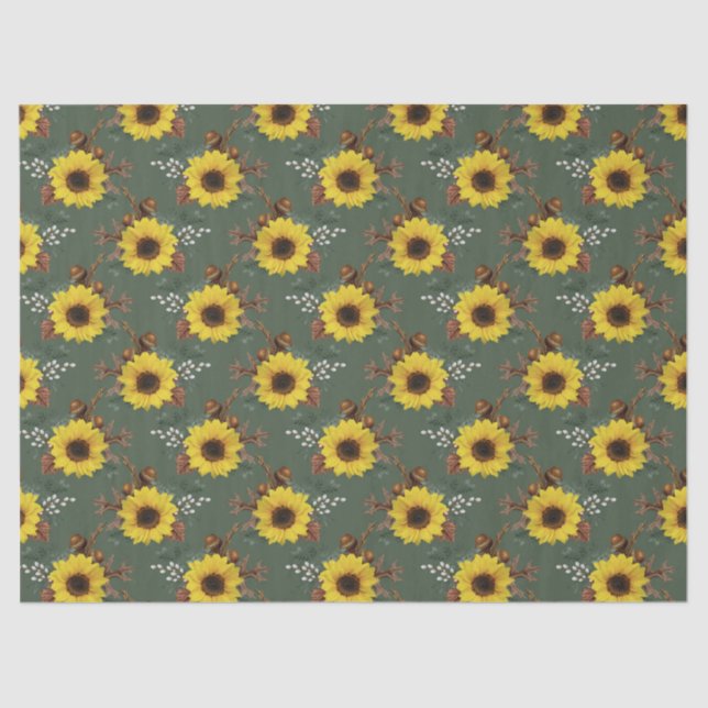 Sunflowers and Acorns on Green Decoupage Tissue Paper (Front)