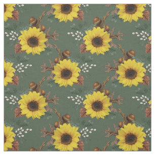 Sunflowers and Acorns on Green Fabric