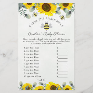 Sunflowers and Bees Baby Shower Guess Price Game