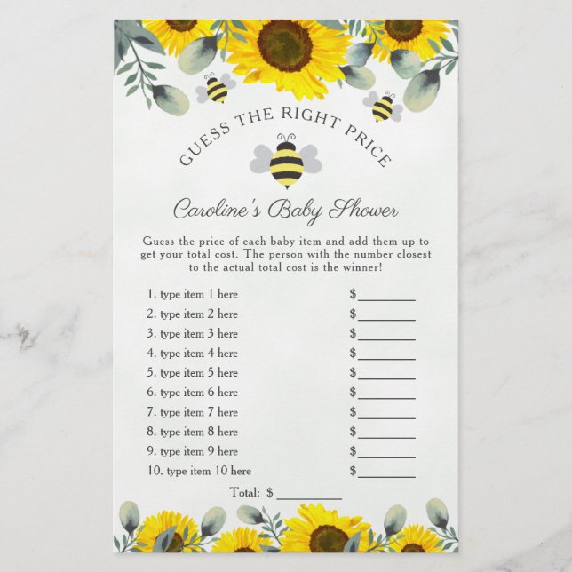 Sunflowers and Bees Baby Shower Guess Price Game (Front)