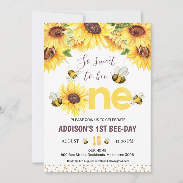 Sunflowers And Bees Bee-Day First Birthday Invitation (Front)