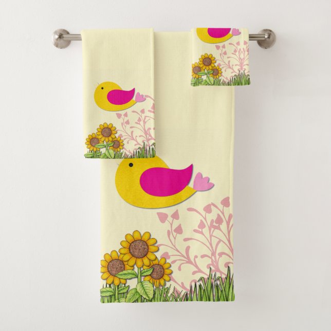 Sunflowers and Birds Bath Towel Set (Insitu)