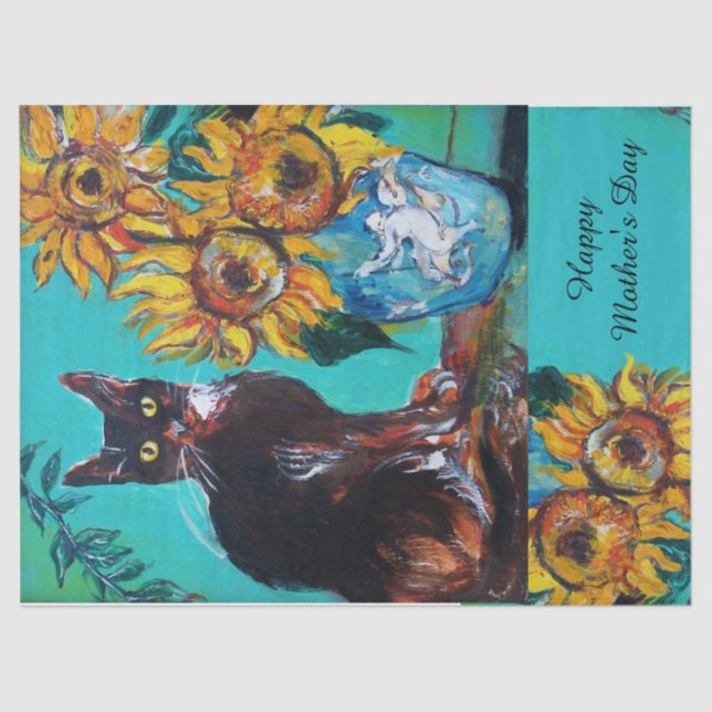 SUNFLOWERS AND BLACK CAT IN BLUE TEAL Mother's Day Tissue Paper (Front)
