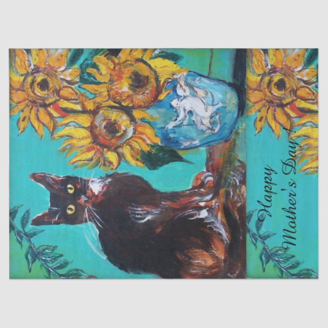 SUNFLOWERS AND BLACK CAT IN BLUE TEAL Mother's Day Tissue Paper (Front)