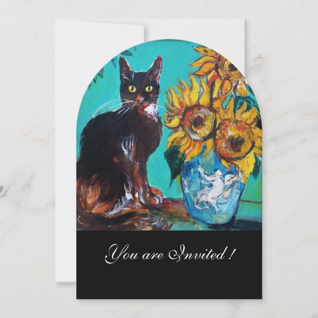 SUNFLOWERS AND BLACK CAT IN BLUE TEAL Summer Party Invitation (Front)