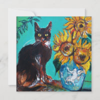 SUNFLOWERS AND BLACK CAT IN BLUE TEAL Summer Party