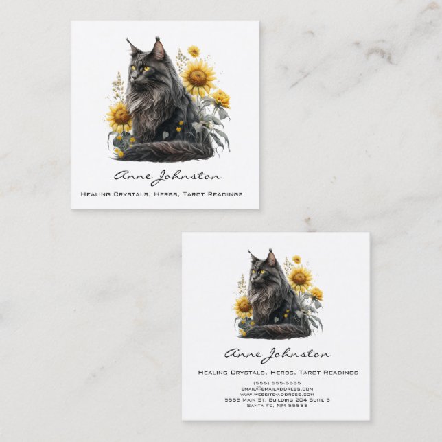 Sunflowers and Black Cat Square Business Card (Front/Back)