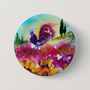 SUNFLOWERS AND BLACK ROOSTER 6 CM ROUND BADGE