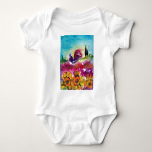 SUNFLOWERS AND BLACK ROOSTER BABY BODYSUIT