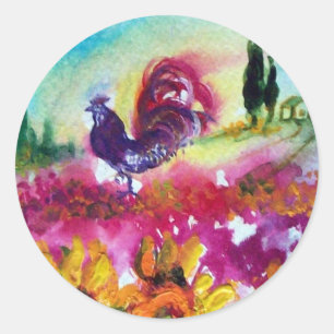 SUNFLOWERS AND BLACK ROOSTER CLASSIC ROUND STICKER