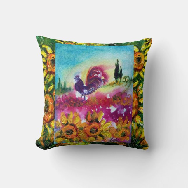 SUNFLOWERS AND BLACK ROOSTER CUSHION (Front)