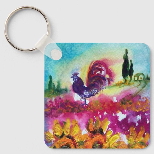SUNFLOWERS AND BLACK ROOSTER KEY RING (Front)