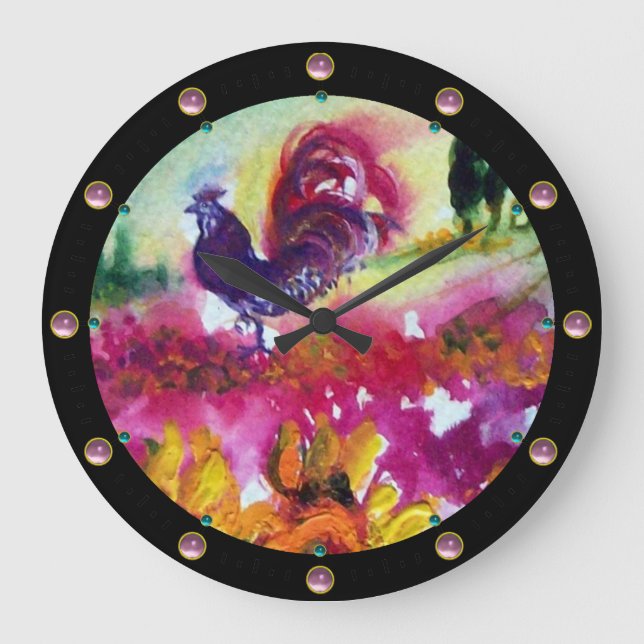 SUNFLOWERS AND BLACK ROOSTER LARGE CLOCK (Front)