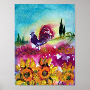 SUNFLOWERS AND BLACK ROOSTER POSTER
