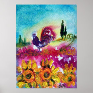 SUNFLOWERS AND BLACK ROOSTER POSTER