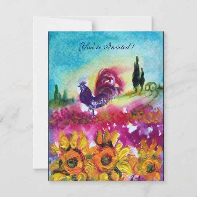 SUNFLOWERS AND BLACK ROOSTER Rustic Landscape Invitation (Front)