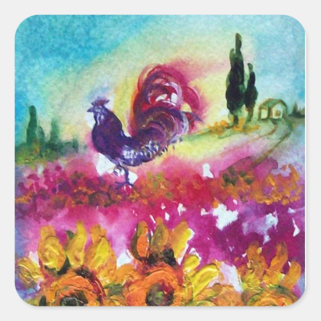 SUNFLOWERS AND BLACK ROOSTER SQUARE STICKER (Front)