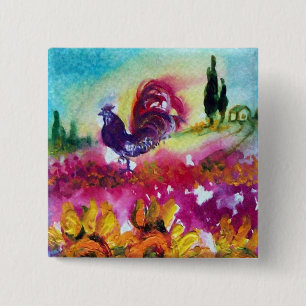 SUNFLOWERS AND BLACK ROOSTER Tuscany Landscape 15 Cm Square Badge