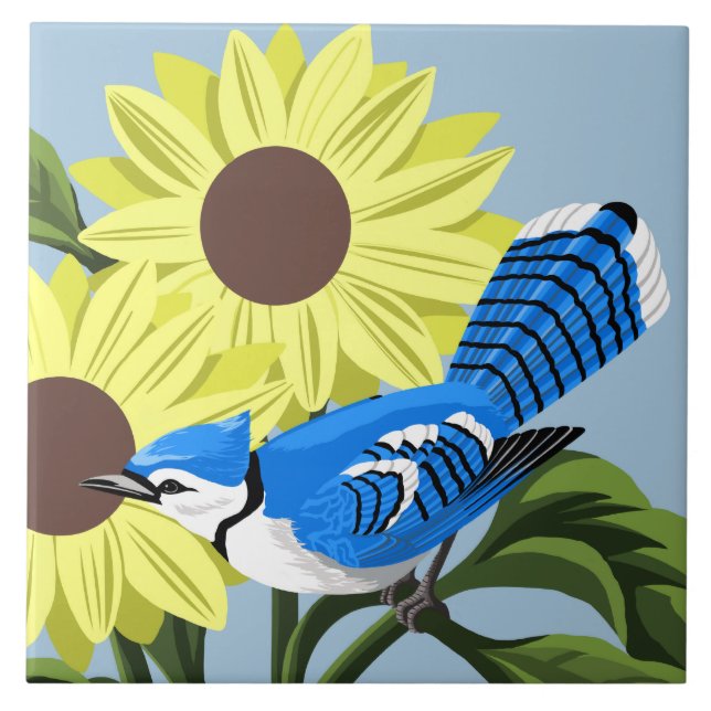 Sunflowers and Blue Jay Tile (Front)