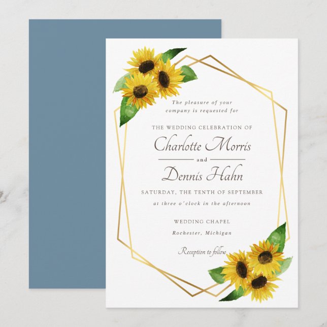 Sunflowers and blue wedding invitation (Front/Back)