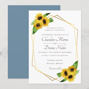 Sunflowers and blue wedding invitation
