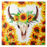 Sunflowers and Bull Skull Tile<br><div class="desc">Sunflowers and Bull Skull ceramic tiles</div>