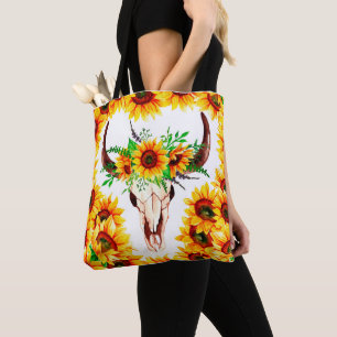 Sunflowers and Bull Skull Tote Bag