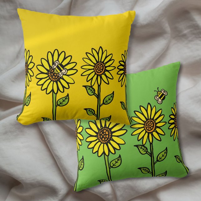 Sunflowers and Bumble Bee Bright Happy Cushion (Sunflowers and Bumble Bee Bright Happy Throw Pillow)