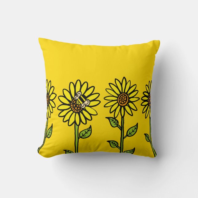 Sunflowers and Bumble Bee Bright Happy Cushion (Front)