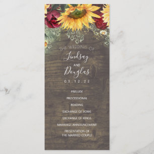 Sunflowers and Burgundy Red Rose Wedding Programs Programme