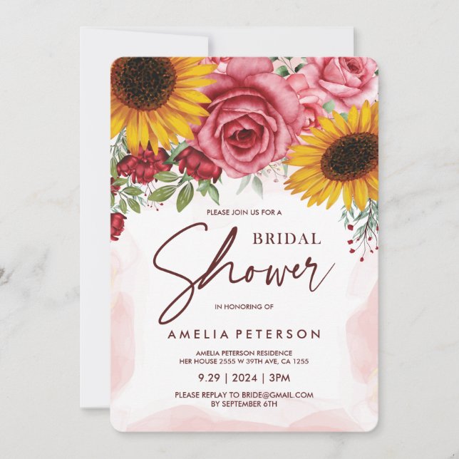 Sunflowers and Burgundy Red Roses Bridal Shower Invitation (Front)