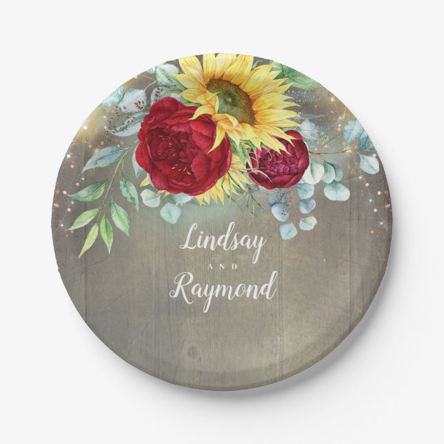 Sunflowers and Burgundy Red Roses Rustic Country Paper Plate (Front)
