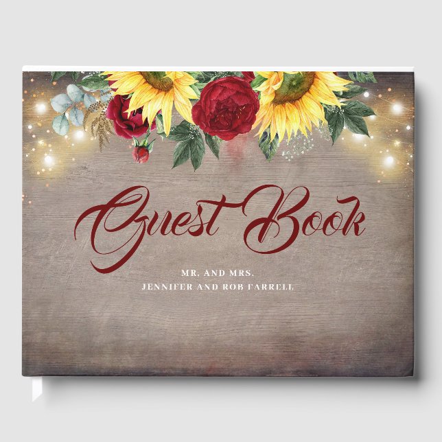 Sunflowers and Burgundy Red Roses Rustic Fall Guest Book (Front)