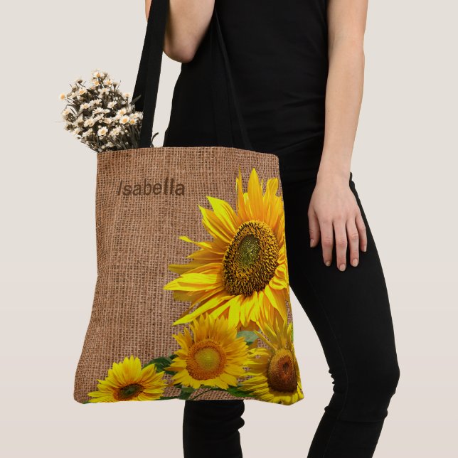Sunflowers and Burlap Tote Bag (Close Up)