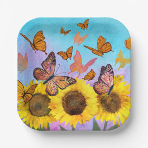 Sunflowers and Butterflies Colourful Yellow Brown Paper Plate