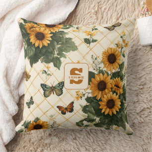 Sunflowers and Butterflies on Light Yellow Cushion