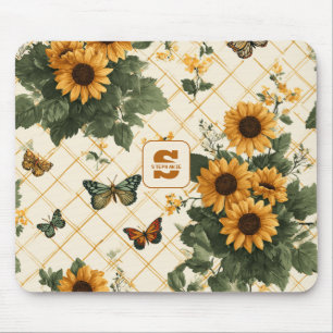 Sunflowers and Butterflies on Light Yellow Mouse Mat