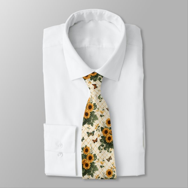 Sunflowers and Butterflies on Light Yellow Tie (Tied)