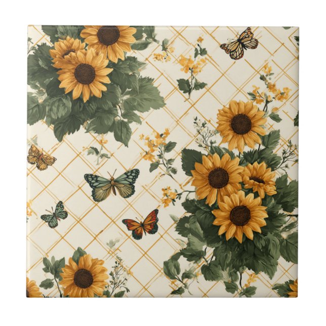 Sunflowers and Butterflies on Light Yellow Tile (Front)