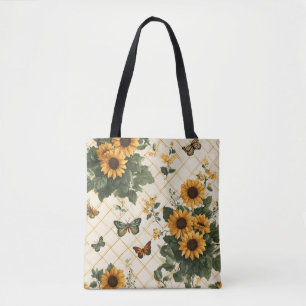 Sunflowers and Butterflies on Light Yellow Tote Bag